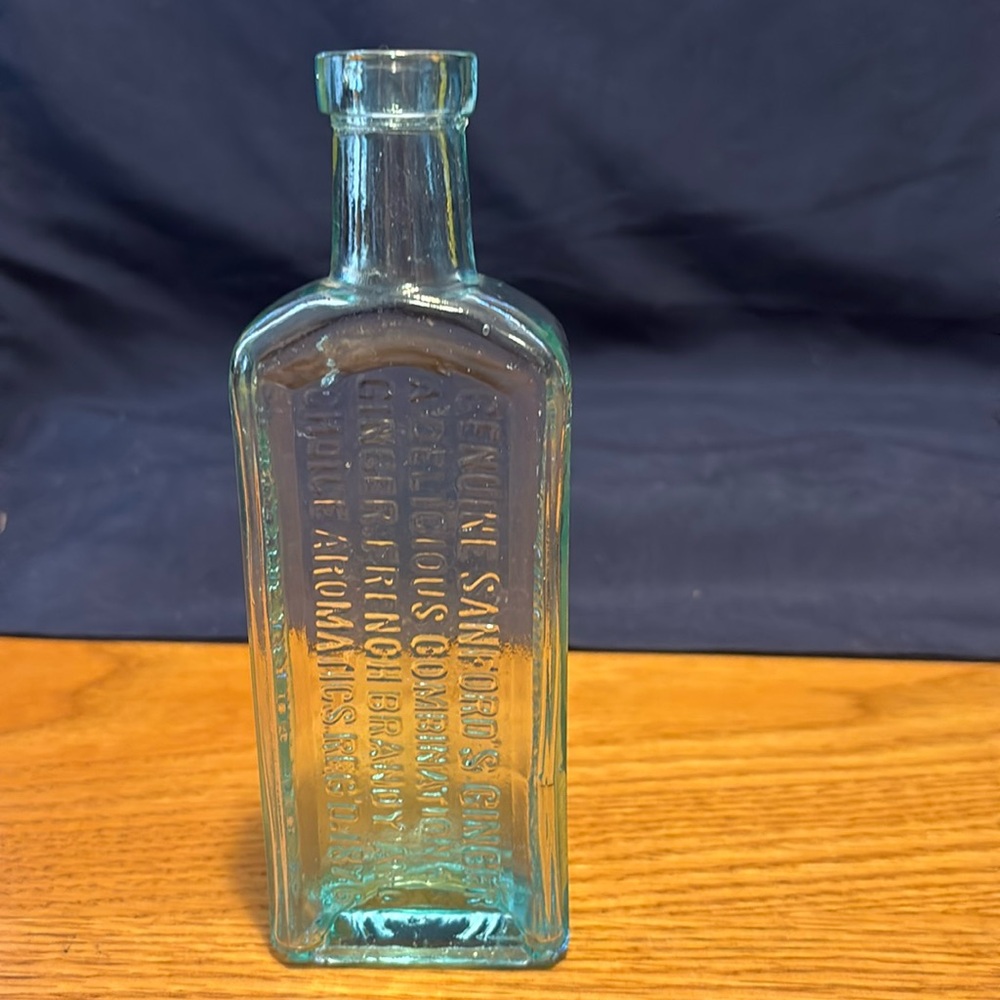 Great Find. 1876 Aqua Blue Sanford’s Ginger  Brandy Bottle